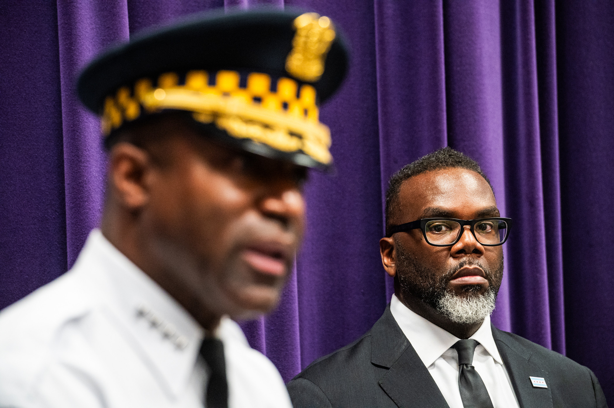 Mayor Brandon Johnson and Police Superintendent Larry Snelling press conference on robbery prevention strategies.