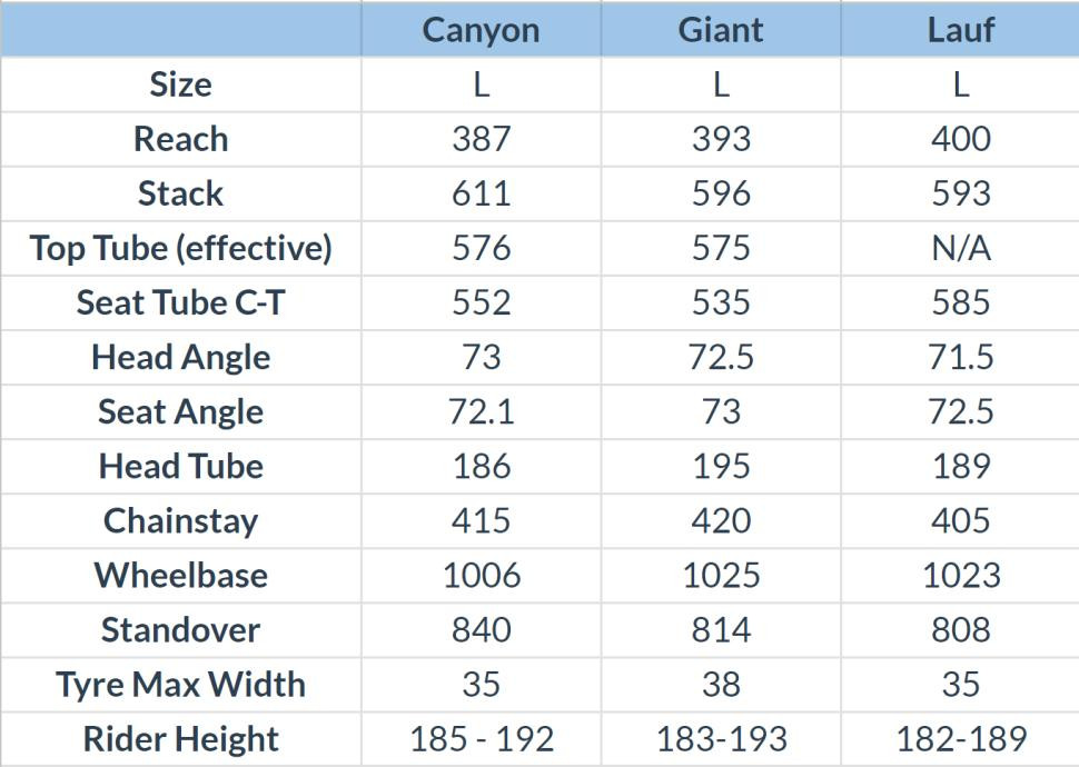 2023 lauf Uthald vs canyon Endurace vs Giant Defy geometry comparison