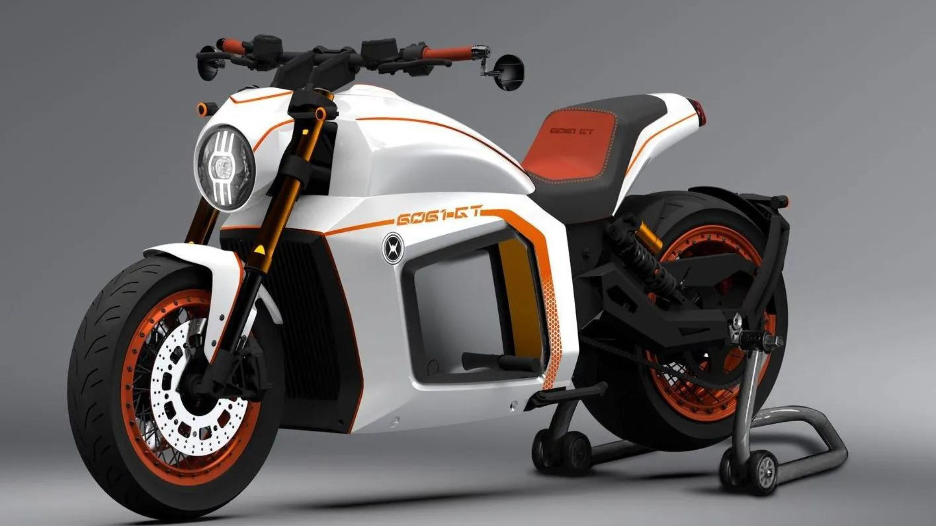 Front quarter view of the 2024 Evoke 6061-GT electric cruiser motorbike