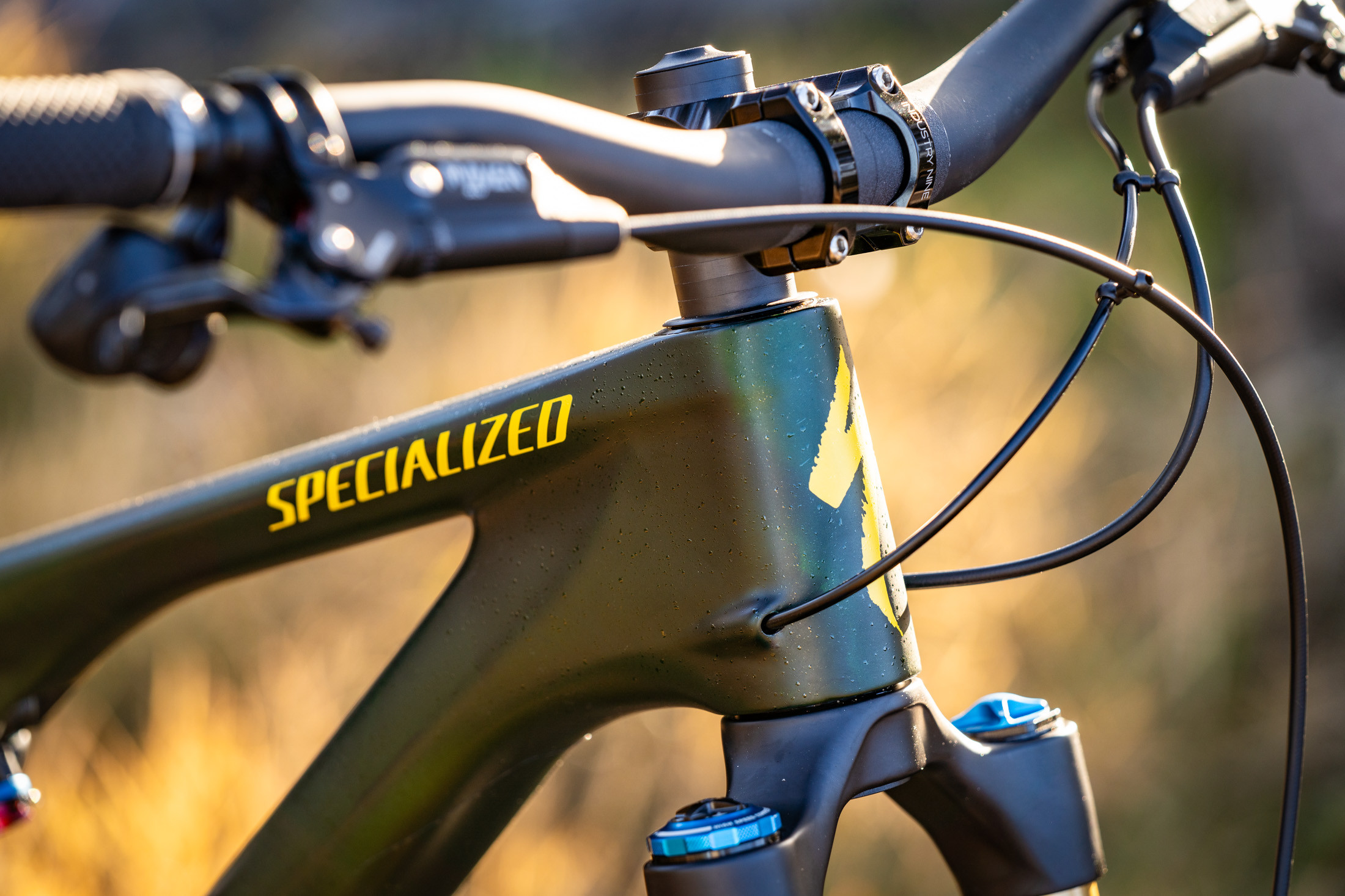Specialized Stumpjumper frame showcasing internal cable routing for brake hoses only, highlighting the move towards wireless technology in high-end mountain bikes.