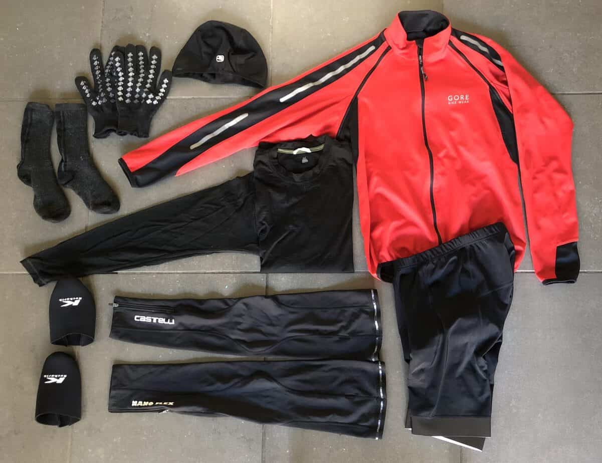 Cyclist in clothing suitable for 45 degrees Fahrenheit