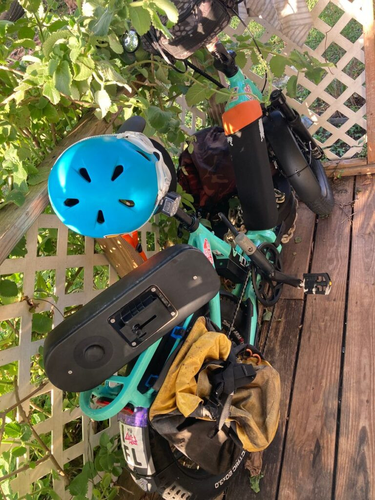 Rear view of a two person electric bike showcasing passenger seat and bike frame
