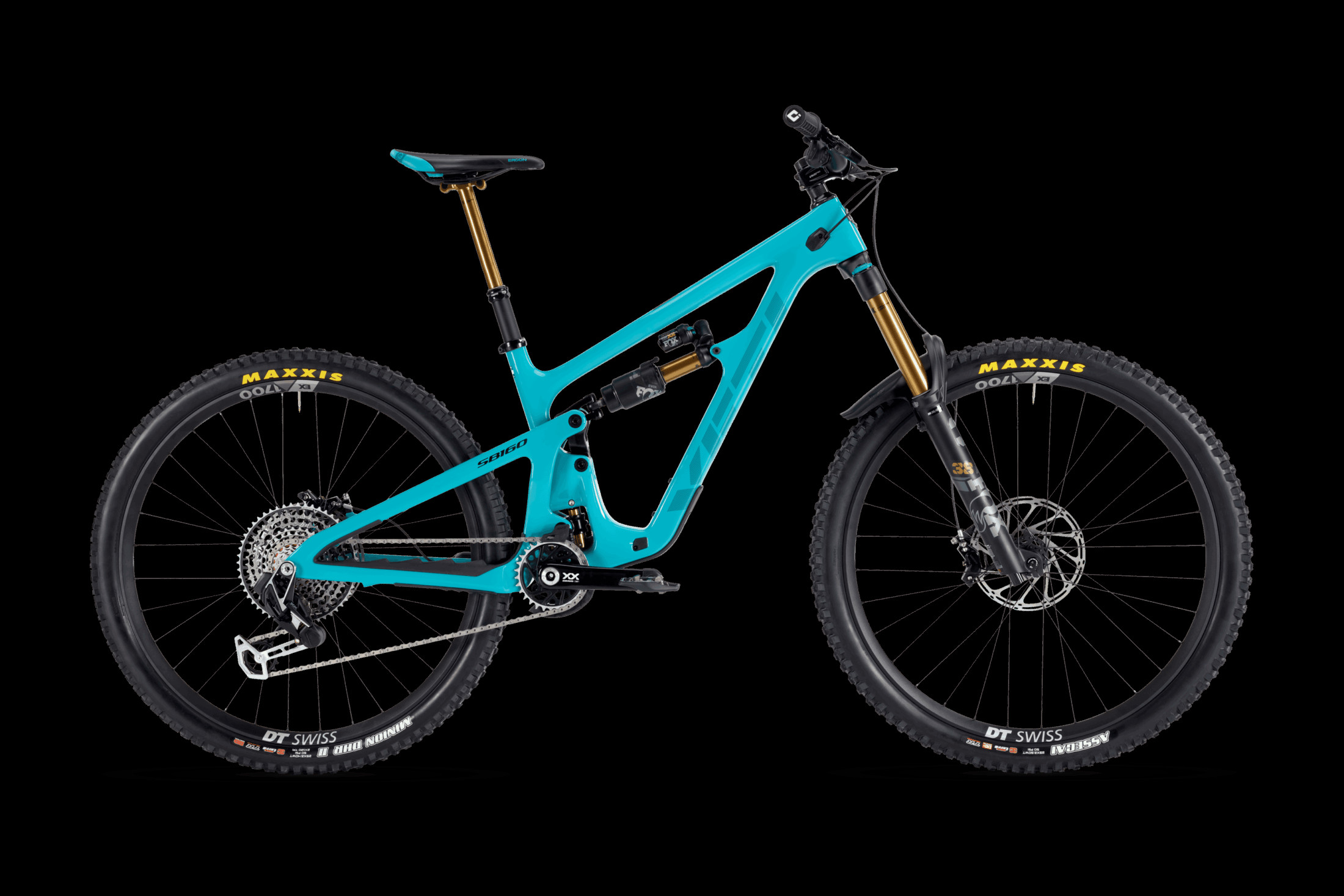 Yeti SB160 frame in a studio shot, emphasizing its premium Turq carbon construction and distinctive Yeti design.