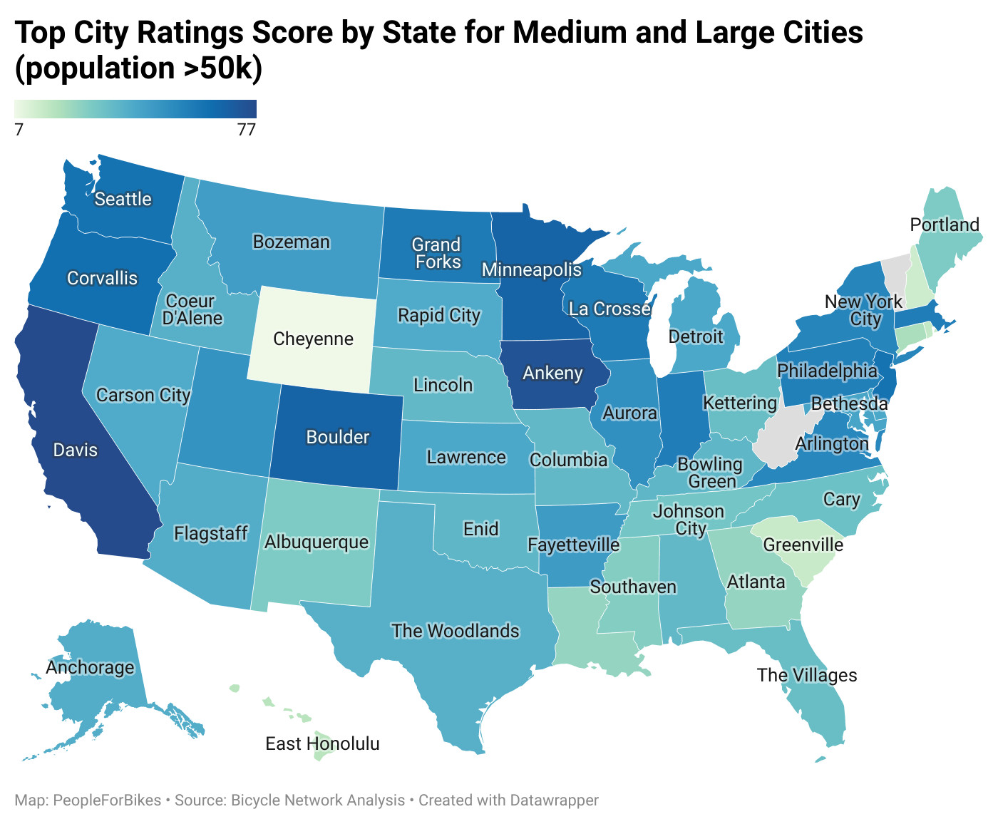 Top City Ratings score by state for medium and large cities