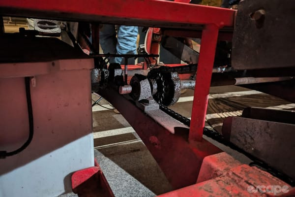 Another view of the beer bike's underside and mechanical components.