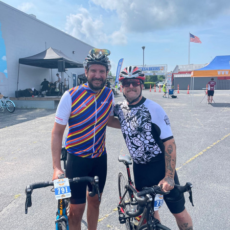 Bikes and beers sportive finish line, celebrating the accomplishment with the promise of beer