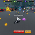 A screenshot of Bike League in Roblox showing the settings button location