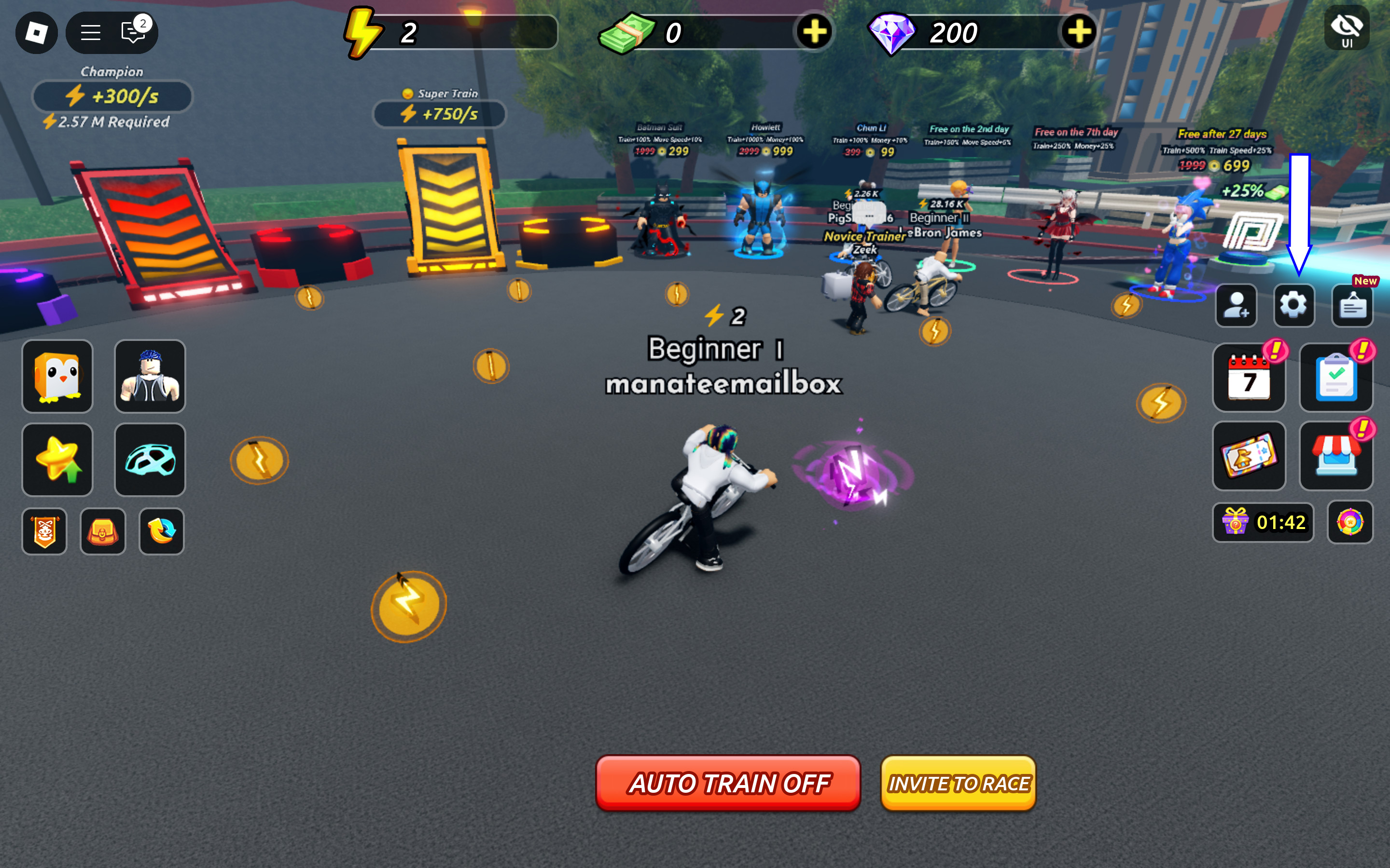 A screenshot of Bike League in Roblox showing the settings button location