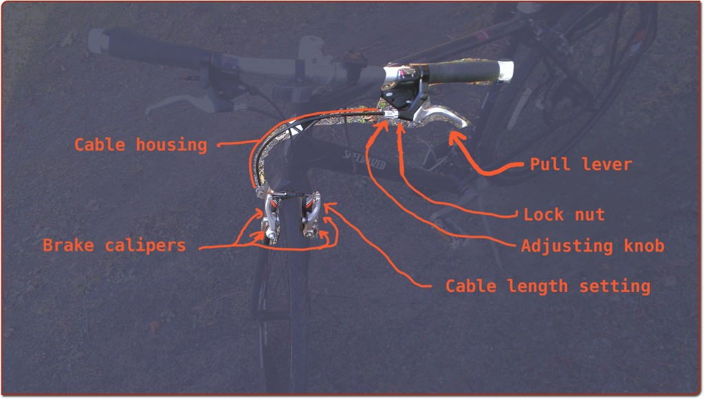 Diagram showing bike brake parts: pull lever, cable housing, cable, brake calipers, adjusting knob, lock nut, cable length setting