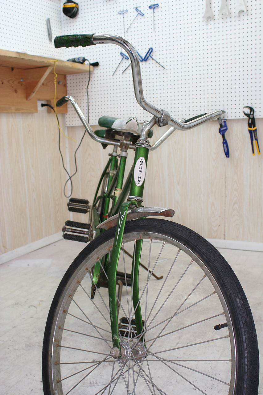 Front view of the Schwinn Twinn Tandem prior to restoration, showing its complete but unrestored state.