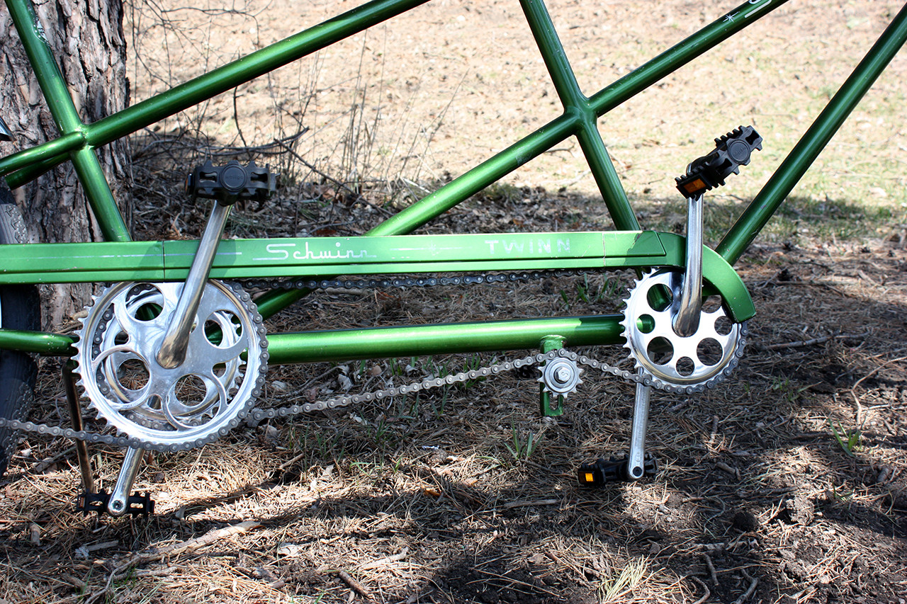 Front drivetrain view of the completed Steve Schwinn bike Twinn Tandem, highlighting the restored crankset and chain.