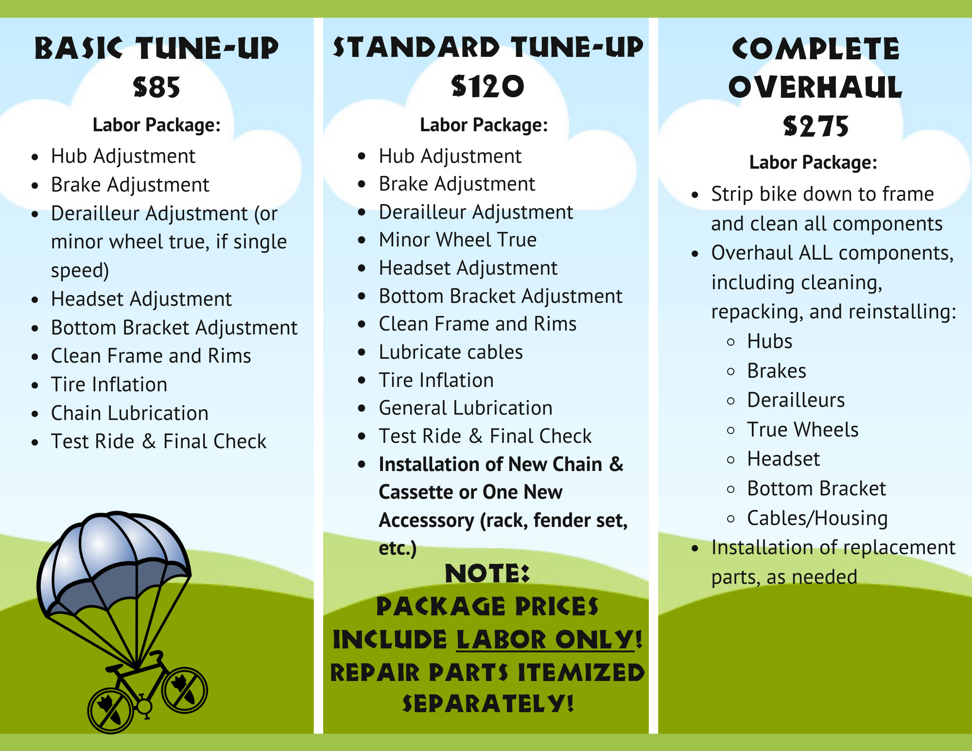 Bikes Not Bombs Hub & Bike Shop Tune-up Menu: Discover our comprehensive bike tune-up and overhaul services, detailing single-speed tune-up and overhaul options for optimal bike performance.