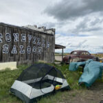 Camping under the stars near Stoneville Saloon, Alzada, Montana, during a rail bike adventure along the Great American Rail-Trail.
