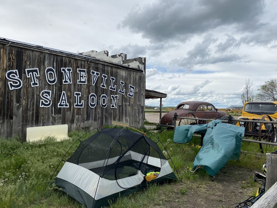 Camping under the stars near Stoneville Saloon, Alzada, Montana, during a rail bike adventure along the Great American Rail-Trail.