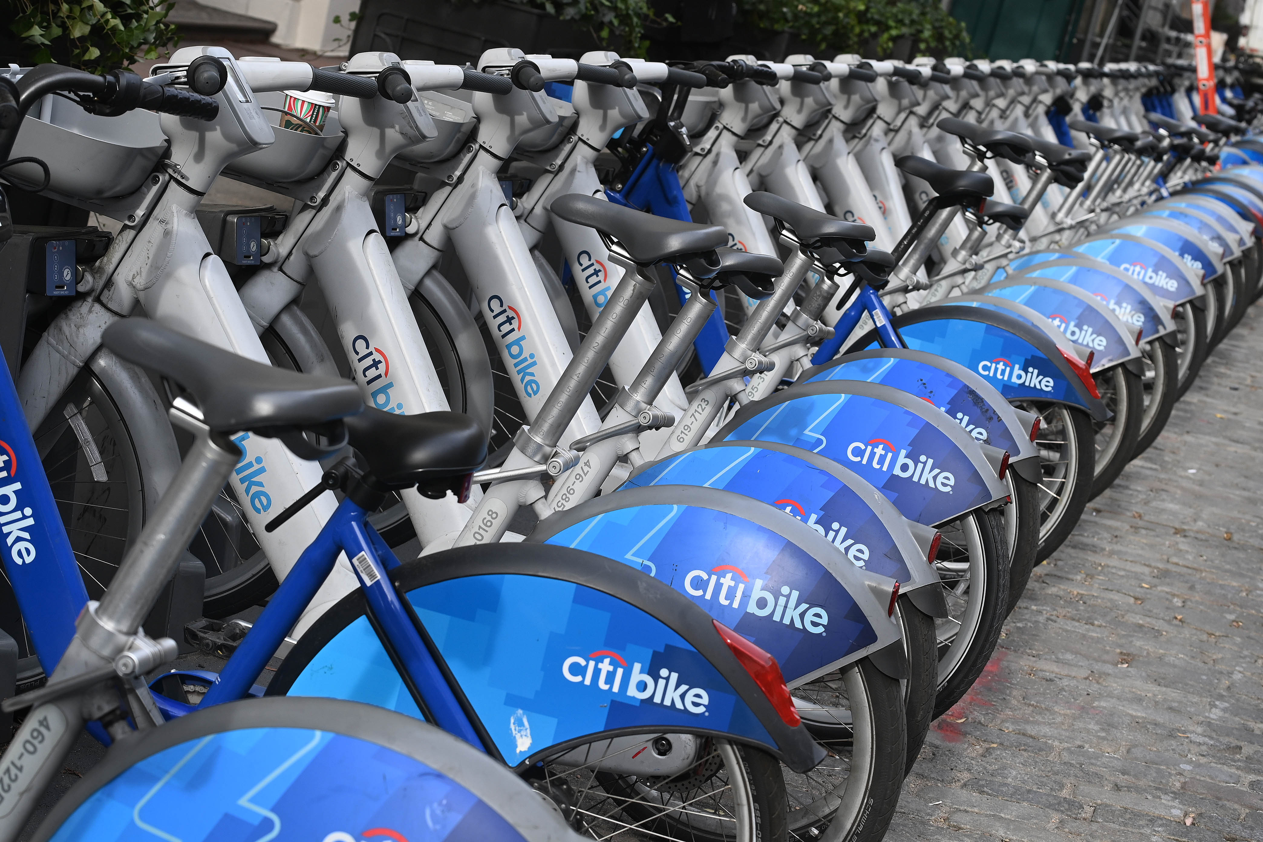 A row of Citi Bikes ready for rental in New York City, highlighting the accessibility of the bike-sharing service.