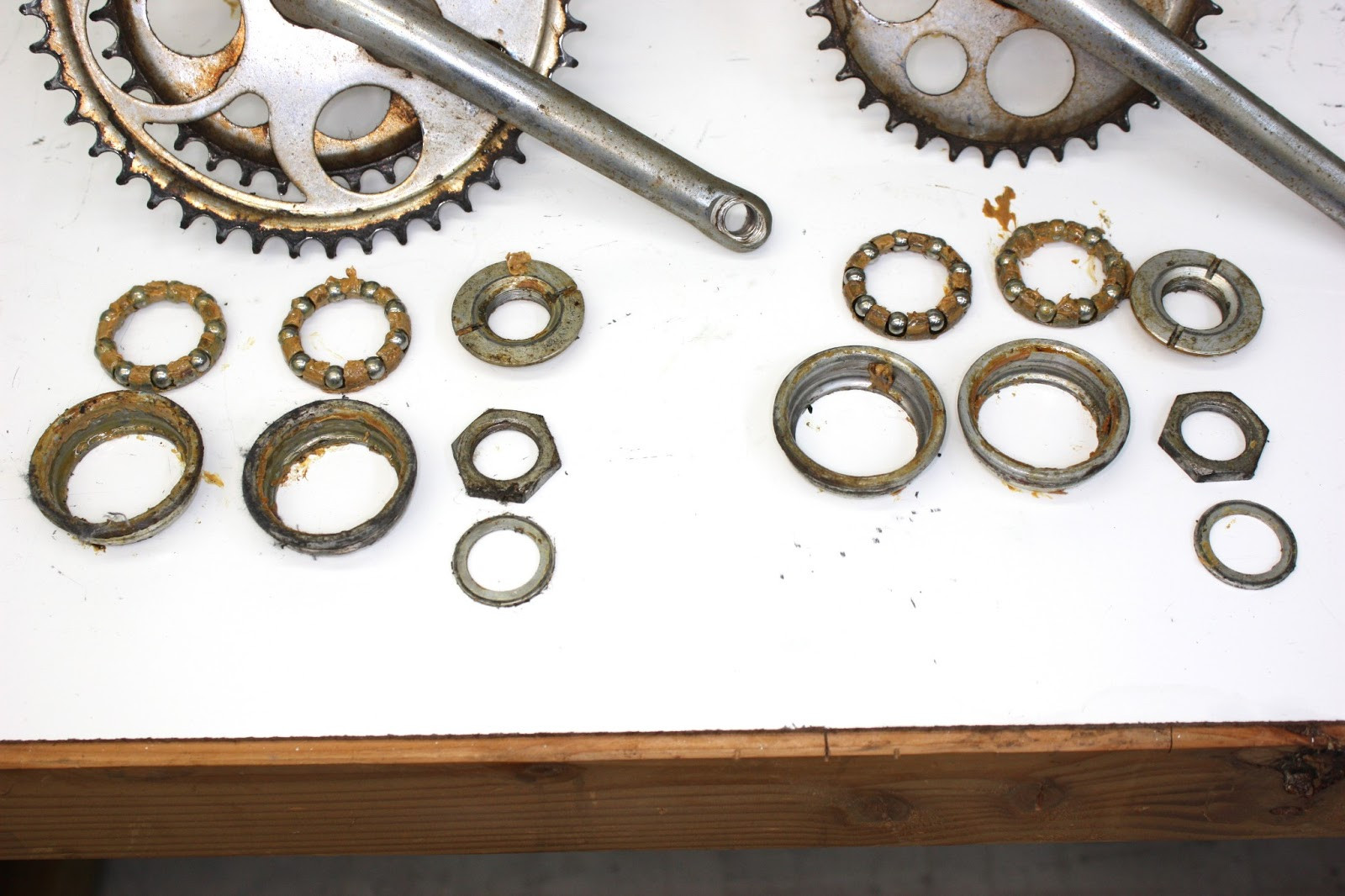 Close-up of the white, hardened grease found in the crank components of the vintage Schwinn tandem.
