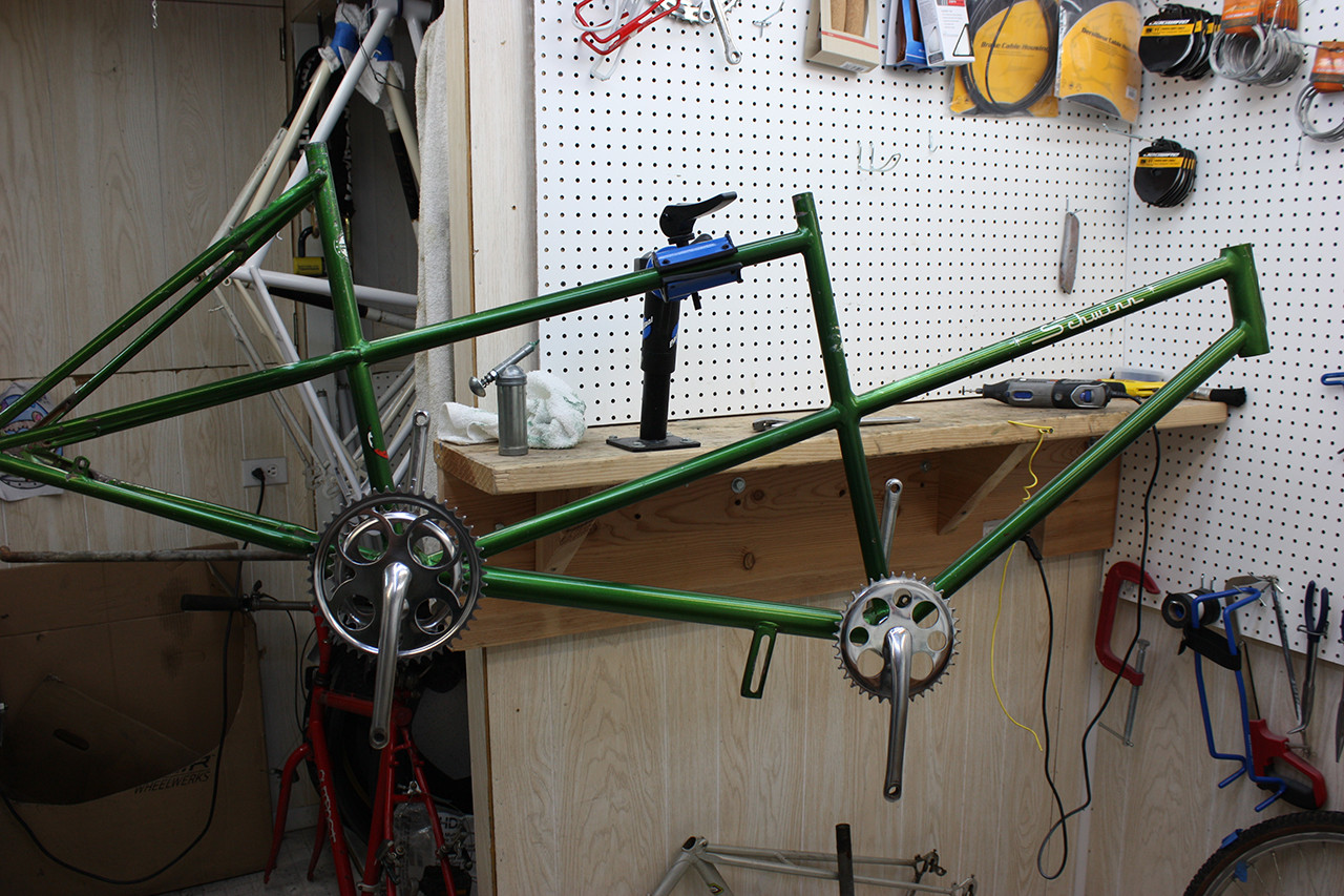 Both front and rear cranks installed on the Steve Schwinn bike, showcasing the completed bottom bracket and crankset.