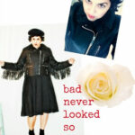 Biker babe outfit featuring a vintage black leather fringe jacket and black hat