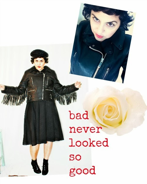 Biker babe outfit featuring a vintage black leather fringe jacket and black hat