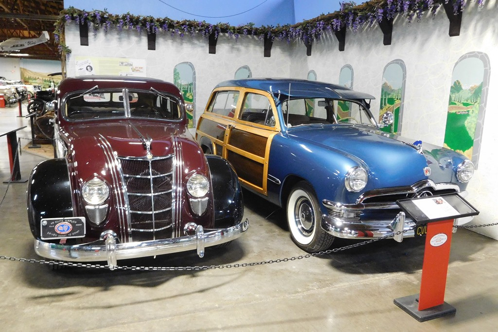 1938 Chrysler Imperial Airflow Sedan and 1950 Ford Station Wagon, aerodynamic and 'Woodie' designs