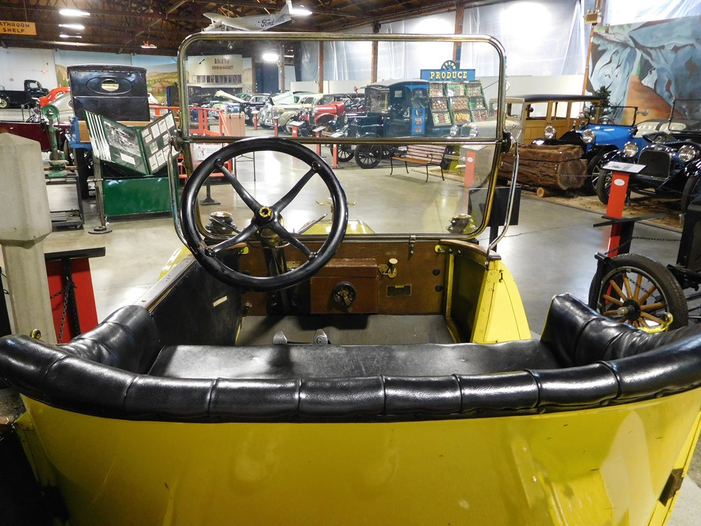 View from the backseat of a 1913 Ford Model T touring car, museum exhibit