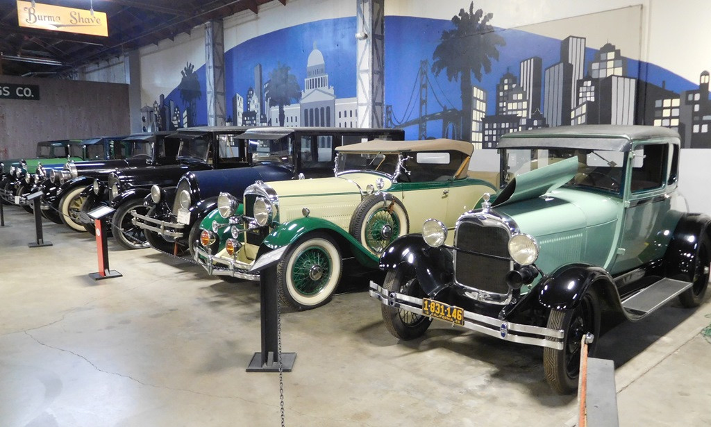 Row of 1920s automobiles with running boards at the museum