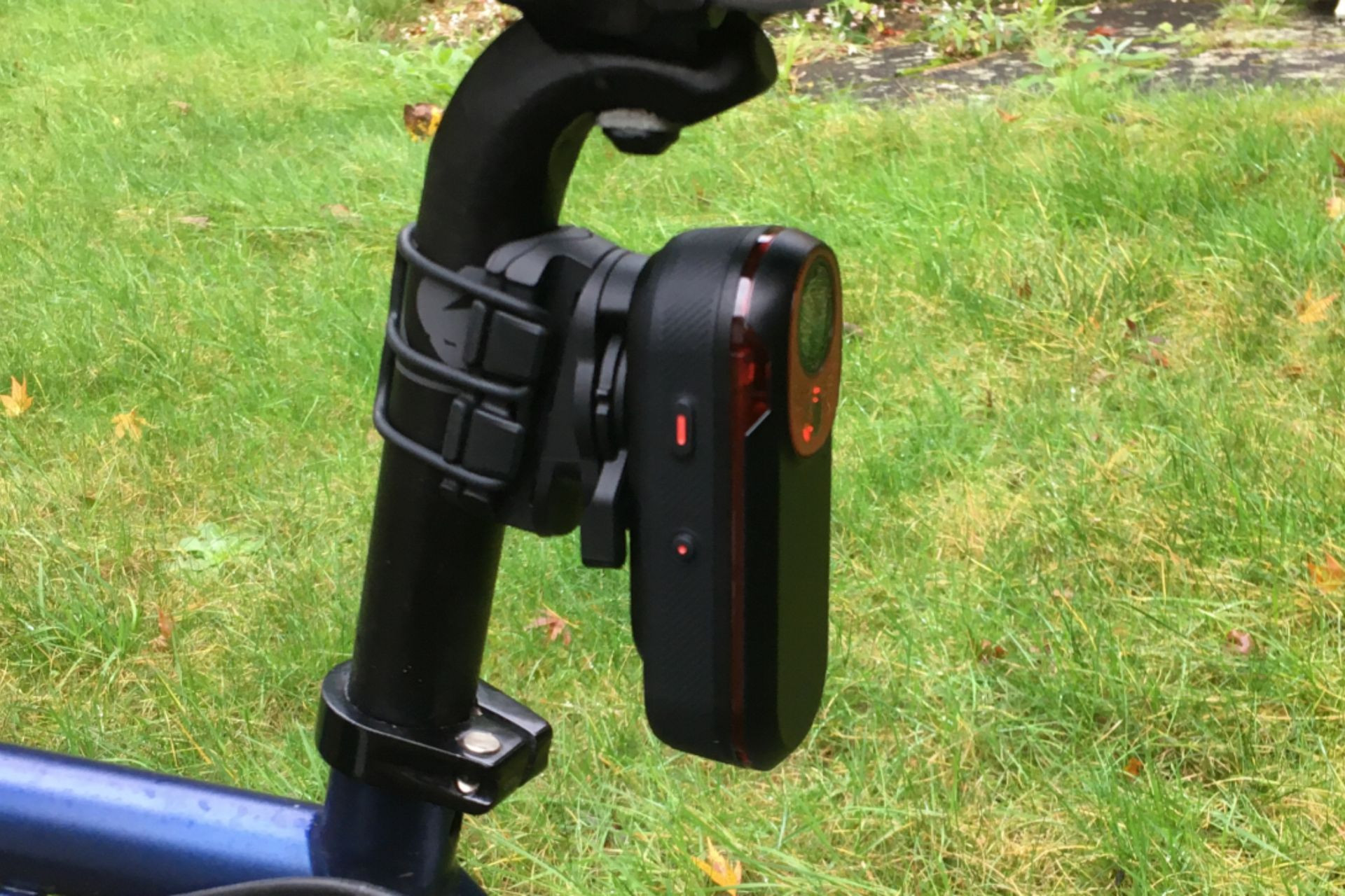 Garmin Varia RCT715 mounted on a bicycle seat post, also consider helmet mounting for enhanced rear view