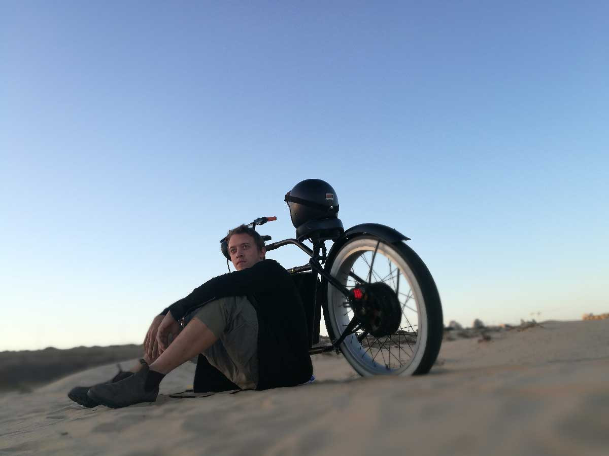 Lev Leon's custom-built e-bike with a Porsche frame, highlighting its stylish design