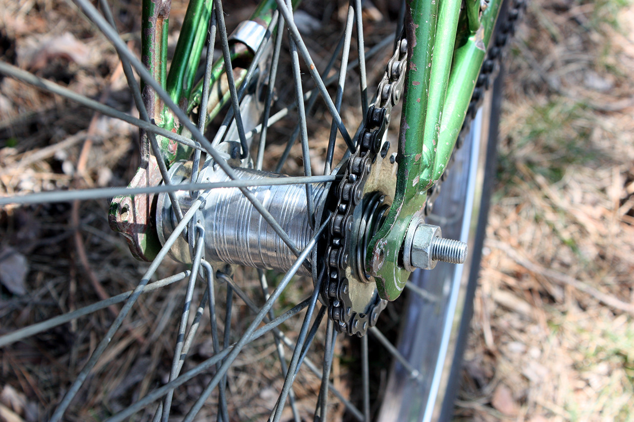 Rear coaster brake and hub of the finished Schwinn Twinn Tandem, showcasing the polished and overhauled system.