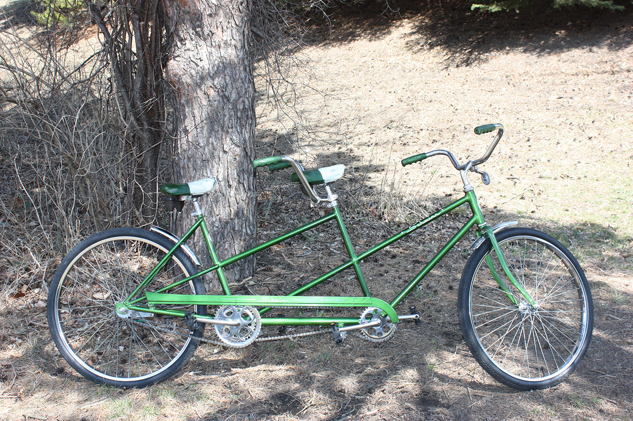 Side view of the finished Steve Schwinn bike Twinn Tandem, showcasing the complete restoration.