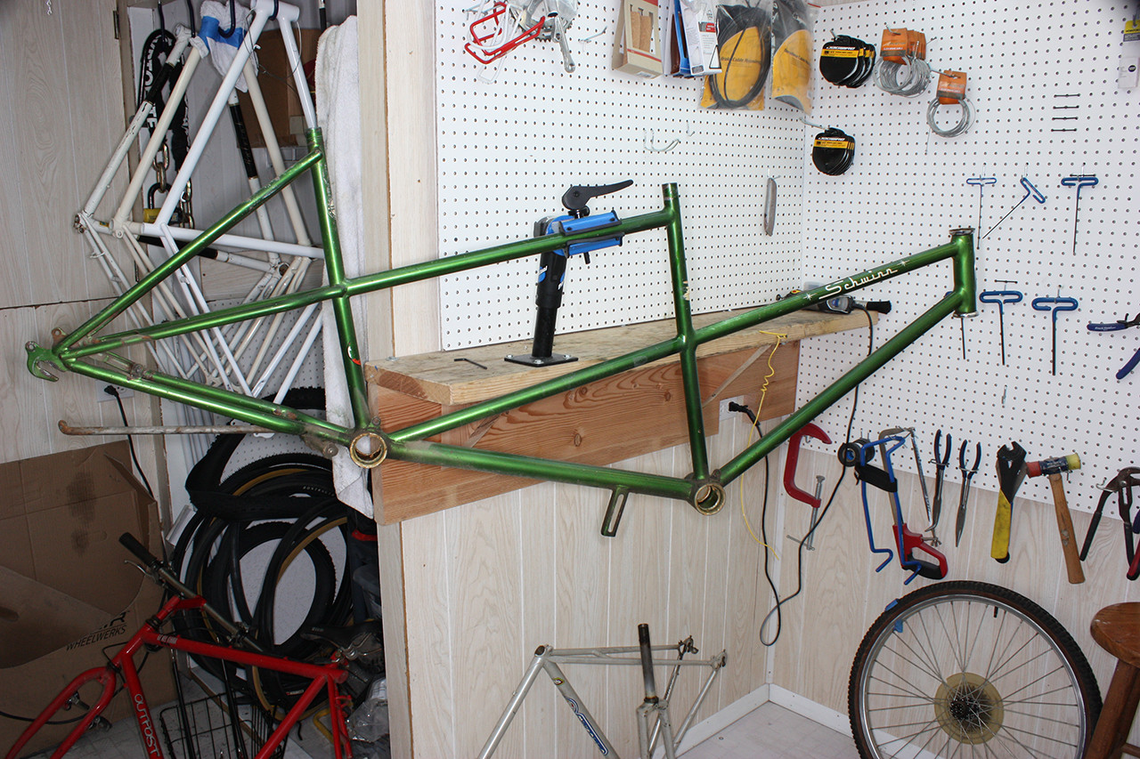 Schwinn Twinn Tandem frame with components removed, showcasing the dirty frame before cleaning.