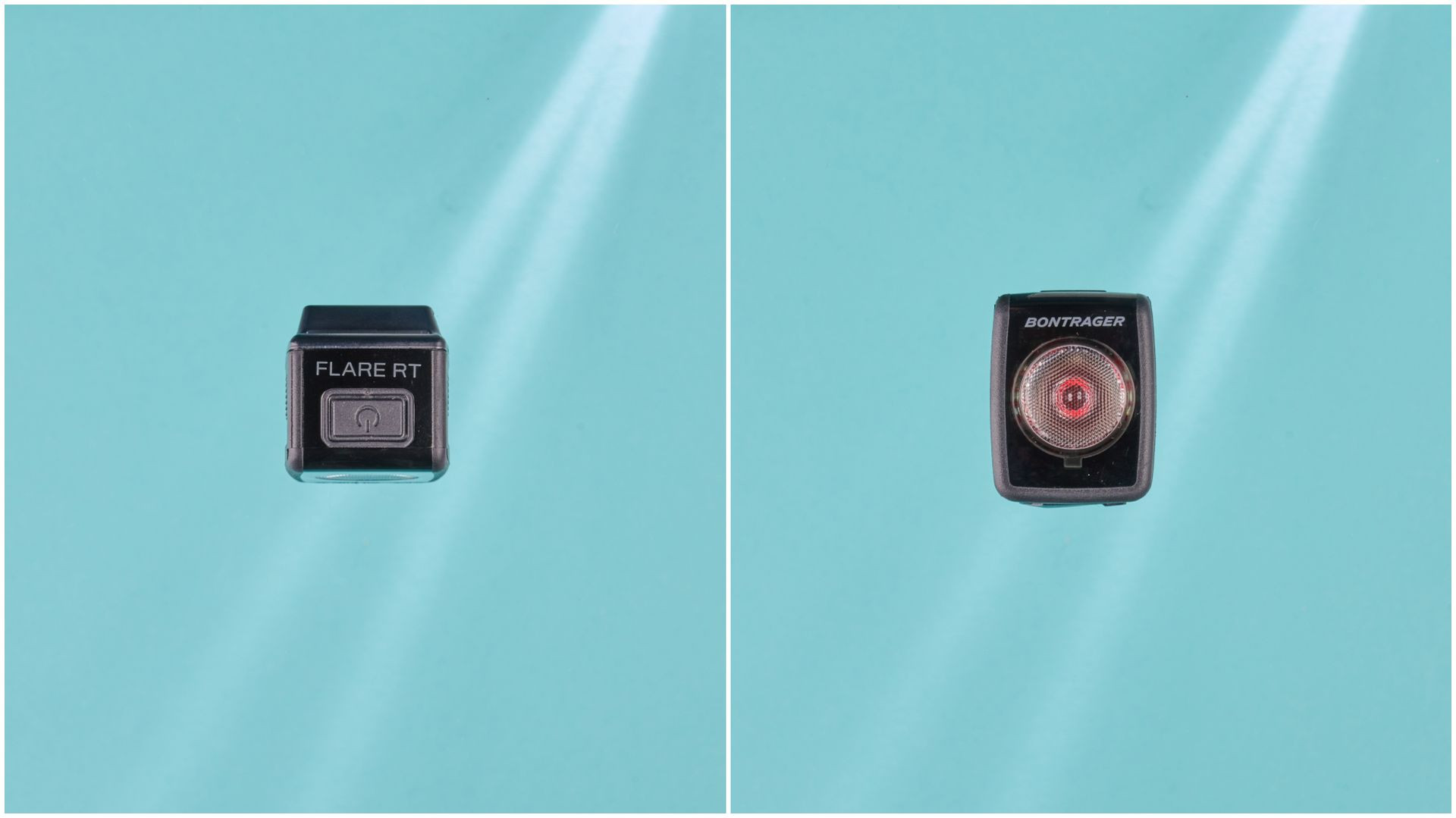 Bird's eye and front view of the Bontrager Flare RT rear bike light on a blue background, highlighting its compact size