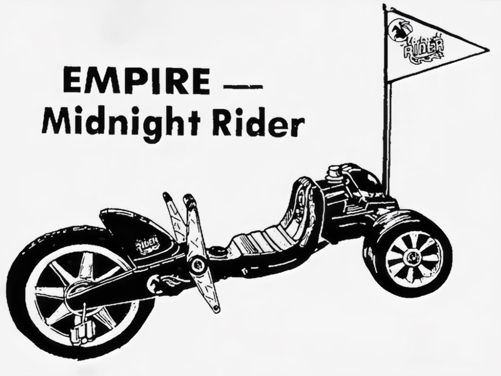 A vintage advertisement for the Empire Midnight Rider, featuring its cowboy-themed pennant and three-wheeled design.