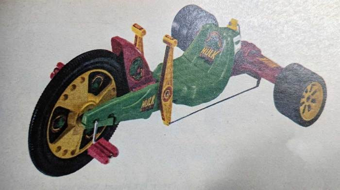 A vintage advertisement or catalog image of the Incredible Hulk Machine, displaying its unique Hulk-themed color scheme.