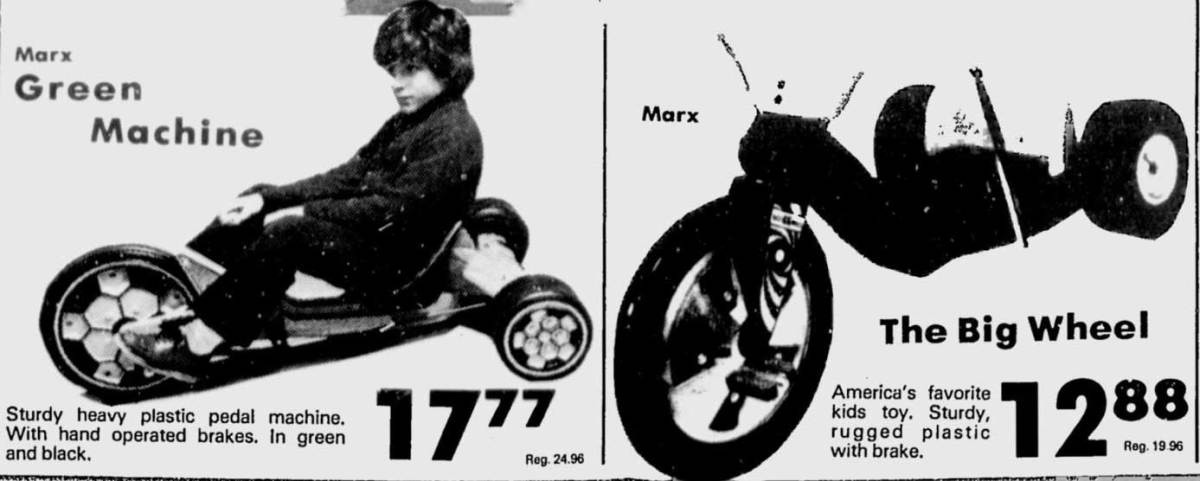 A vintage sales advertisement from 1977 comparing the prices of a Big Wheel and a Green Machine, emphasizing the Green Machine's higher price point.