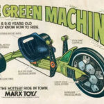 Comic book advertisement for the original Green Machine, highlighting key features like the bucket seat and swivel-action rear wheels.