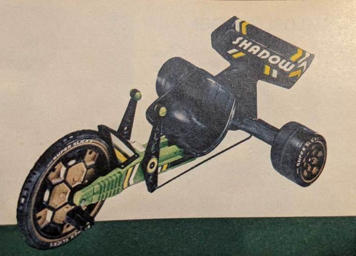 A vintage advertisement for the Green Machine Shadow, highlighting its updated design and rear airfoil.