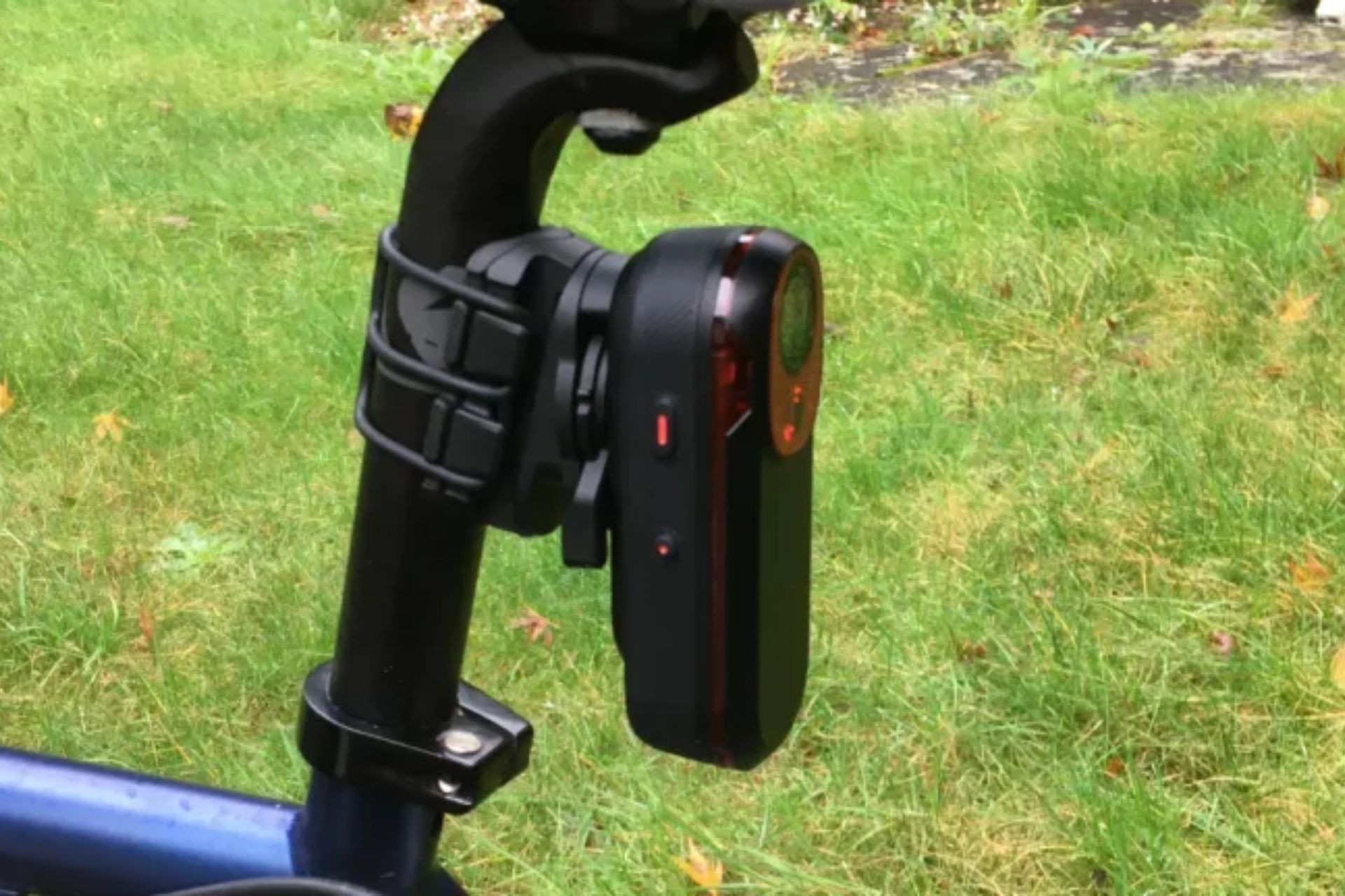 Garmin Varia RCT715 bike light mounted on a bike, showcasing its camera and radar integration