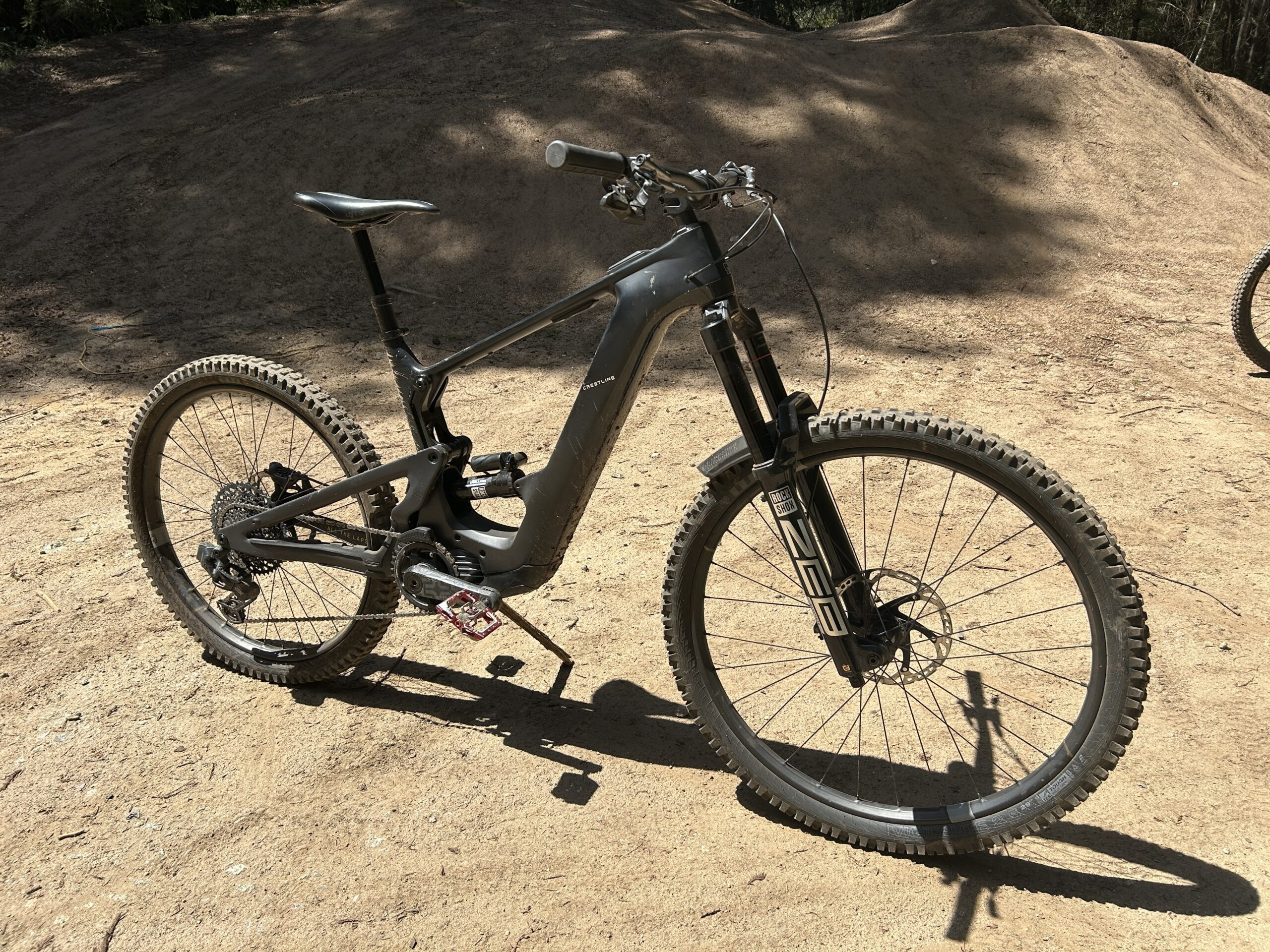 Rear view of Crestline e-bike highlighting rear suspension design