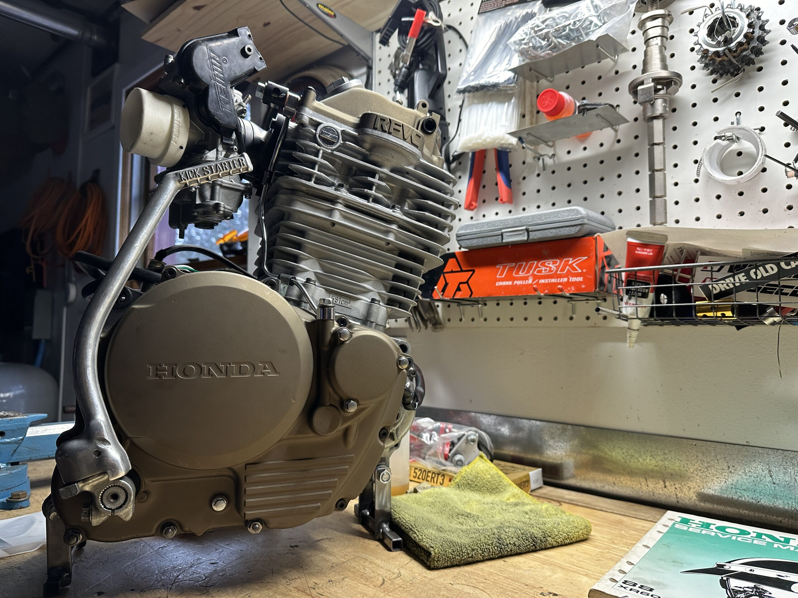 honda XR600R on workbench