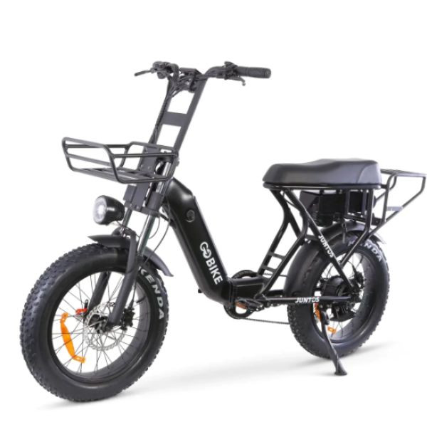 Foldable two-seat electric bike in a vibrant blue color, highlighting its compact and portable design for easy transportation and storage.