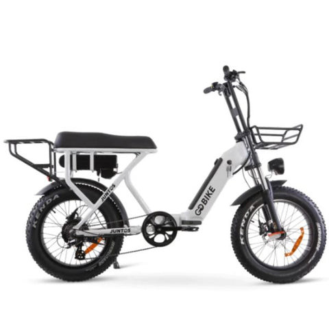 Folded JUNTOS two-seat electric bike, showcasing its compact form factor and ease of storage, perfect for small spaces and transportation.