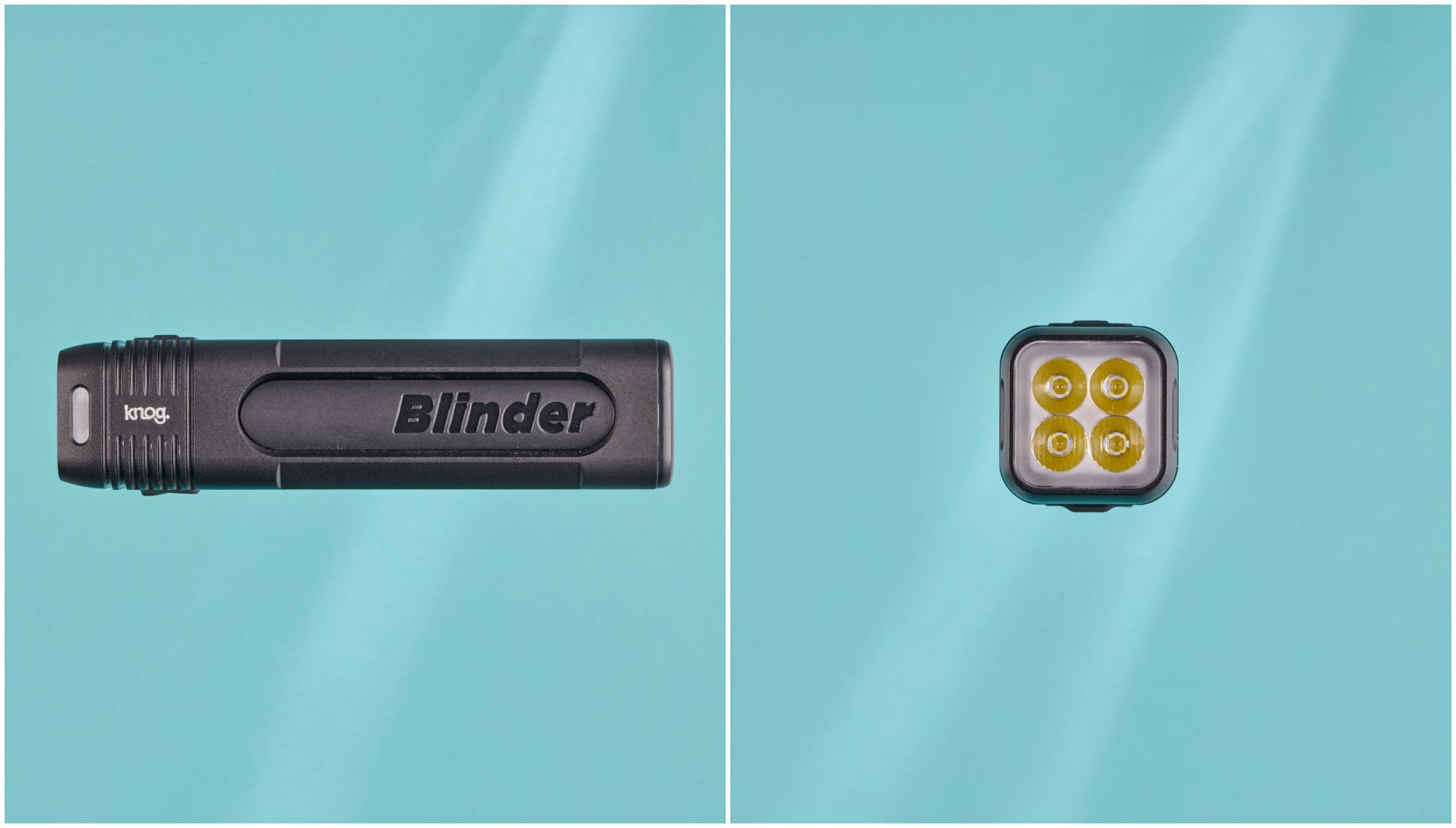 Side and front view of the Knog Blinder 900 front bike light, highlighting its compact design