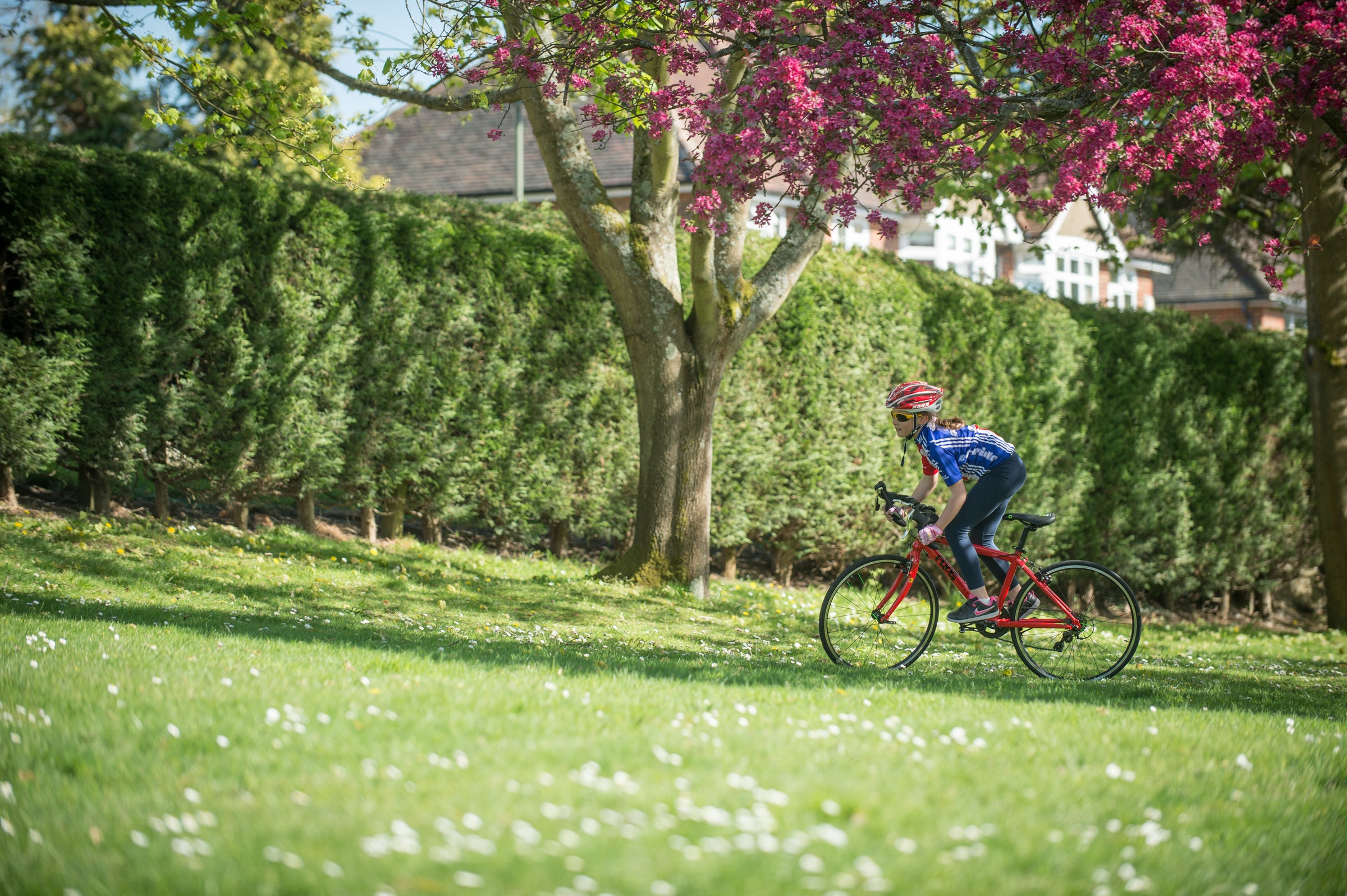 Child confidently riding a Frog Road 67 bike, showcasing proper bike fit for an 8 year old.