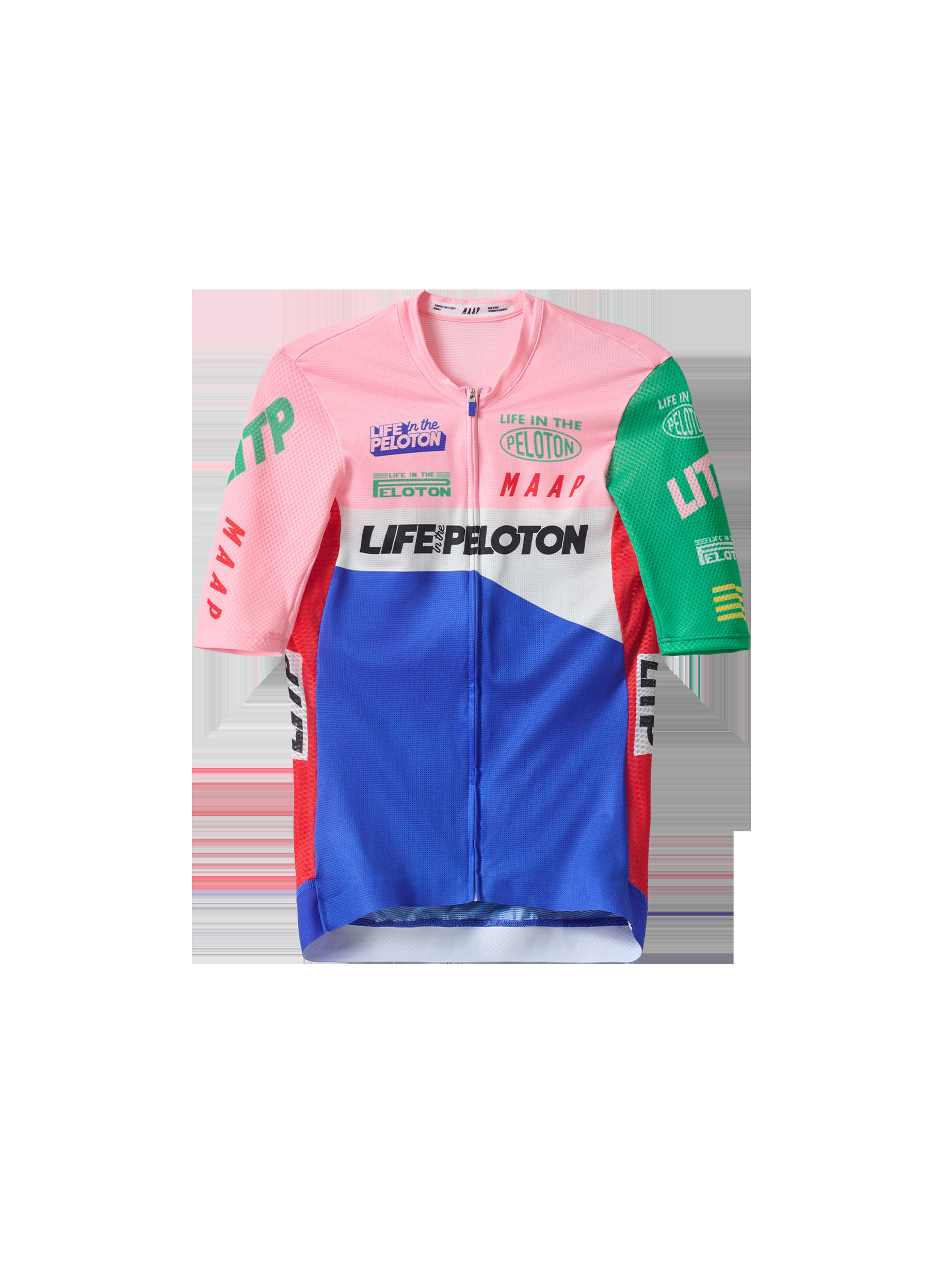 Flat lay of MAAP x LITP Women's Pro Air Jersey 2.0 in Pink Mix, highlighting the collaboration style and pro air jersey features.