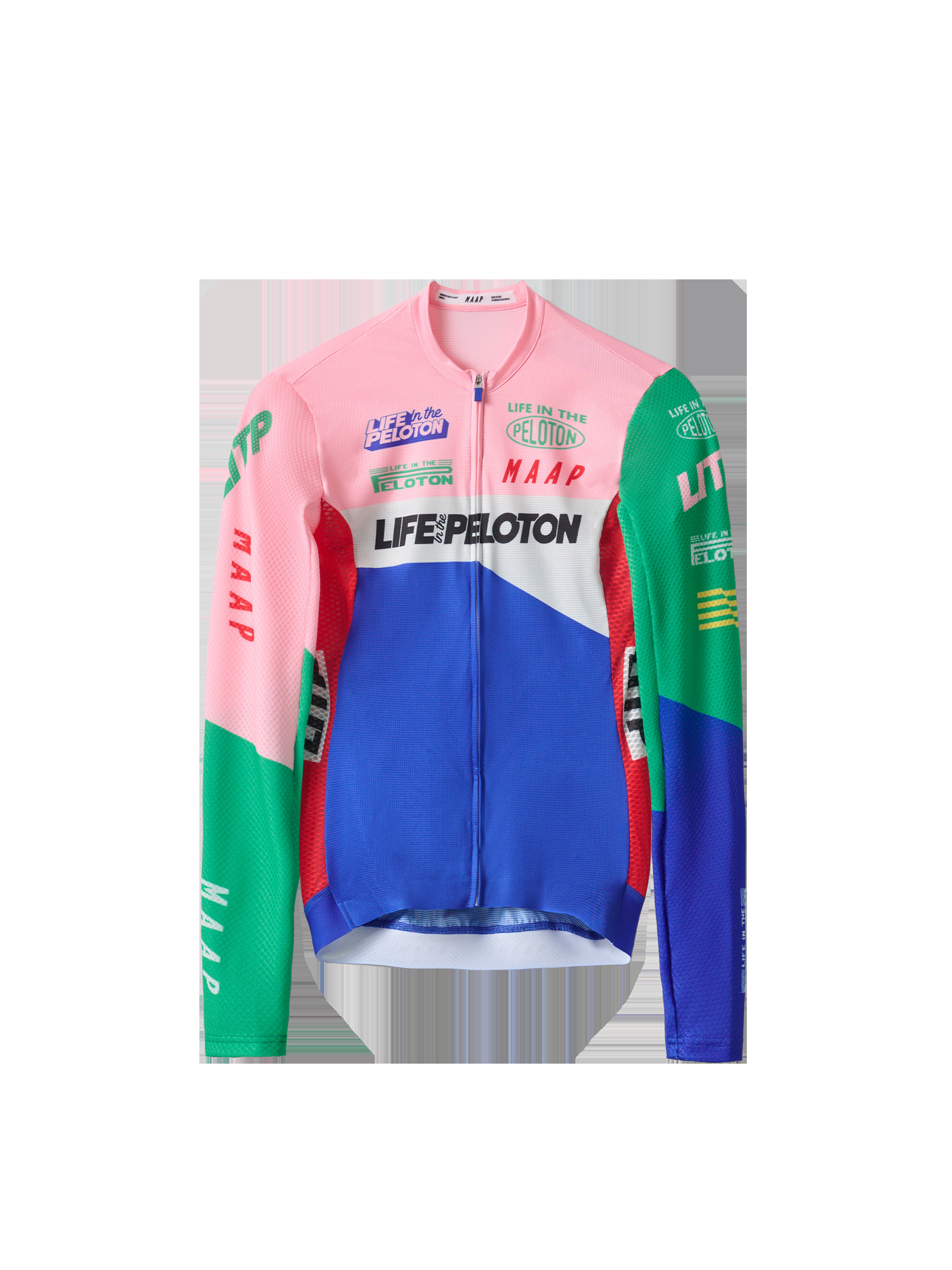 Flat lay of MAAP x LITP Women's Pro Air LS Jersey 2.0 in Pink Mix, showcasing the collaboration design and lightweight long sleeve construction.