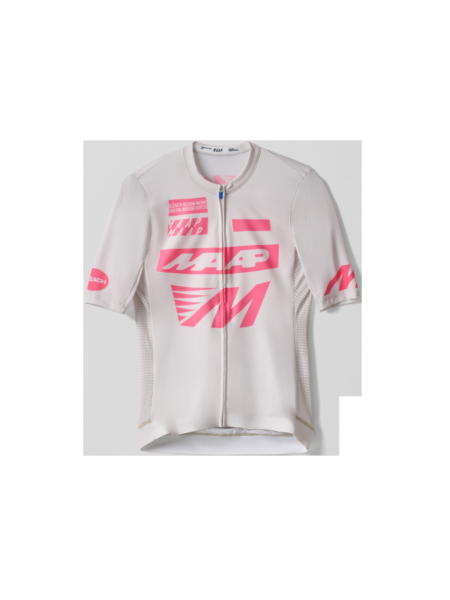 Flat lay of MAAP x Bleach Womens Pro Air Jersey in White Cream, highlighting the collaboration design and lightweight construction.