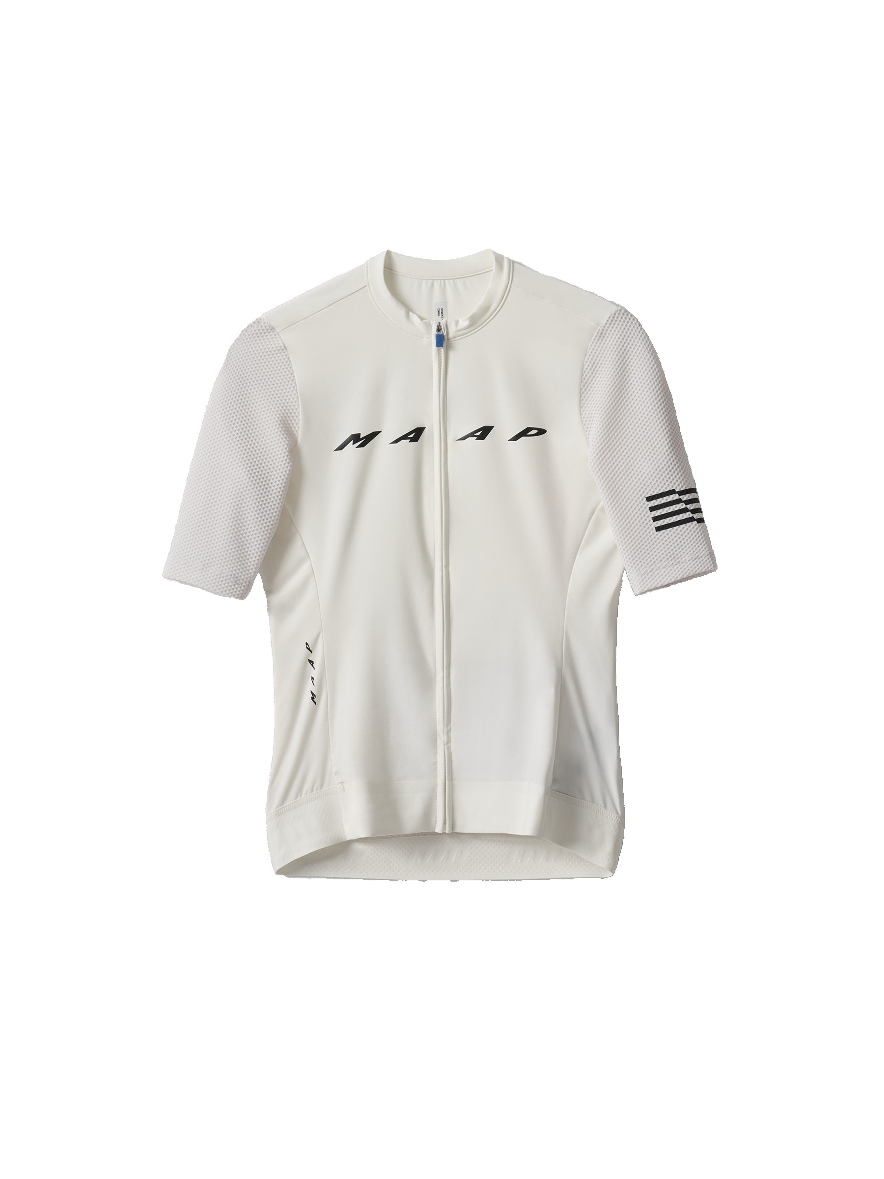 Flat lay of MAAP Women's Evade Pro Base Jersey 2.0 in Chalk, displaying its design and fabric texture.
