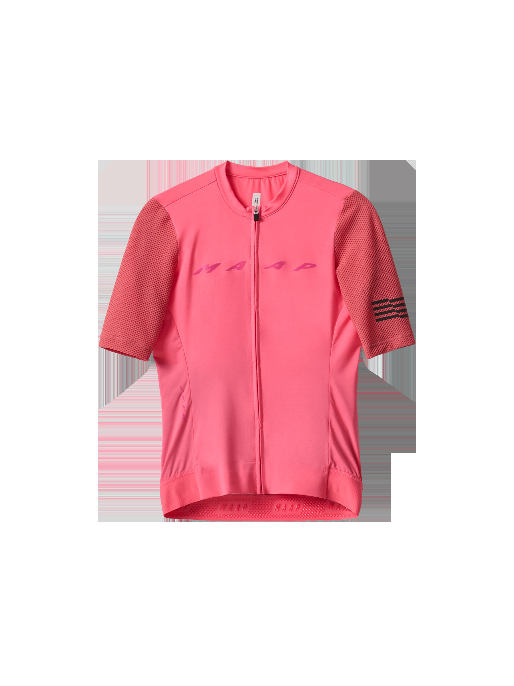 Flat lay of MAAP Women's Evade Pro Base Jersey 2.0 in Epic Pink, showcasing its vibrant color and sporty cut.