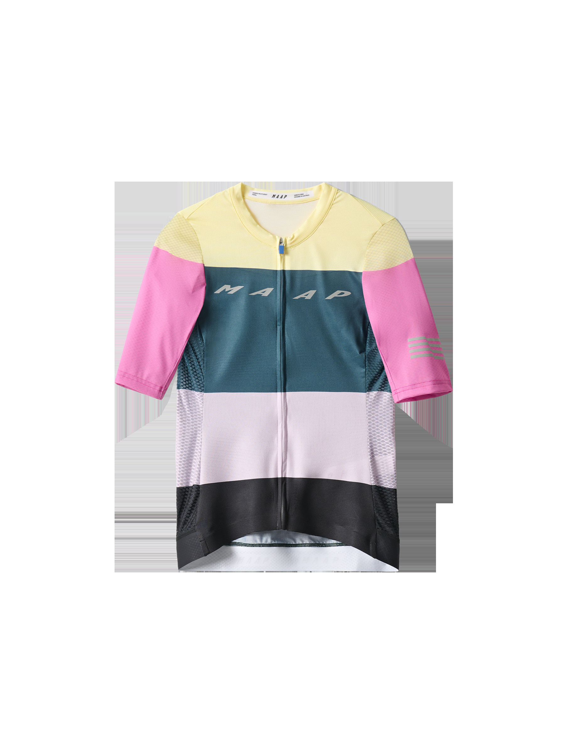 Flat lay of MAAP Women's Level Pro Air Jersey 2.0 in Deep Teal Mix, showcasing its short sleeves and balanced performance features.